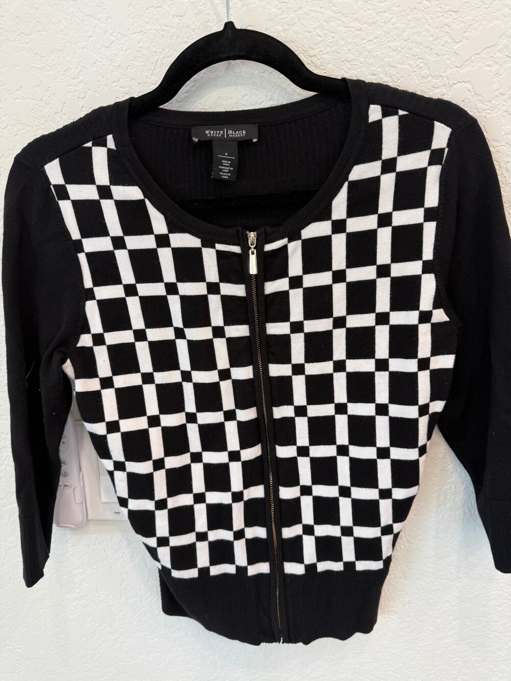 White House Black Market Knit Cardigan Black and White Checkered Zip Front Small